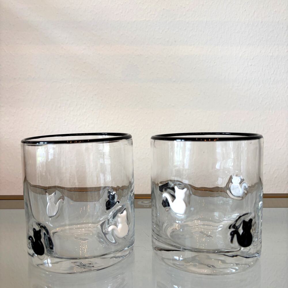 2pc Black White CAT Icon Double Old Fashioned Glasses Chic Halloween Barware New
